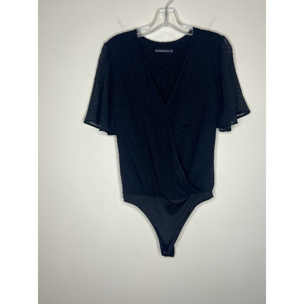 Abercrombie & Fitch Womens Thong Bodysuit Medium Blaxk Faux Wrap Short Sleeve
